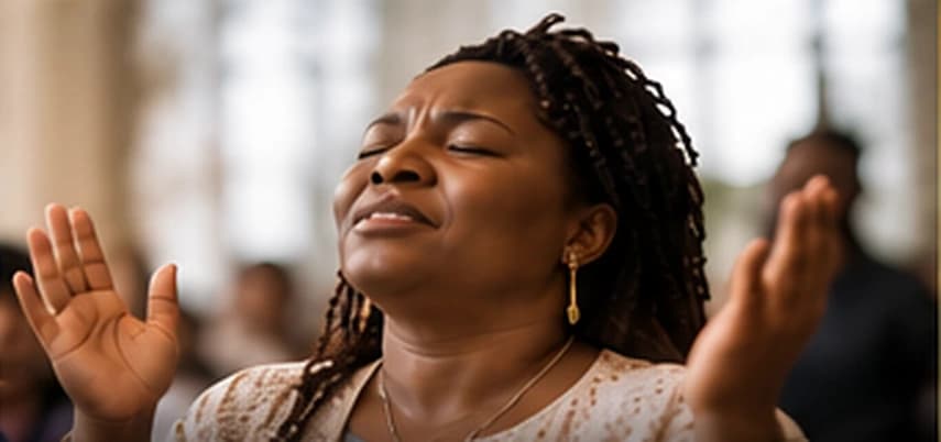 Black woman praying during a Christian learning session