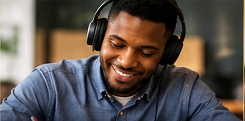Black male learner listening attentively with headphones